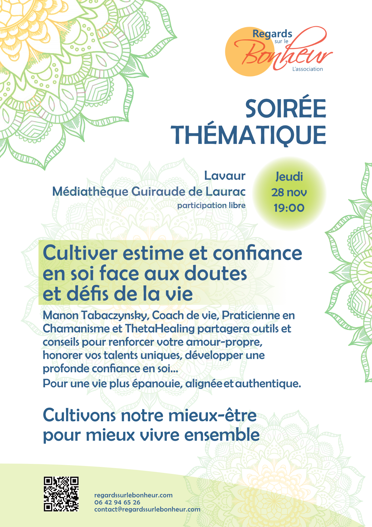 Affiche soiree thematique cultiver estime et confiance en soi face aux doutes et defis de la vie